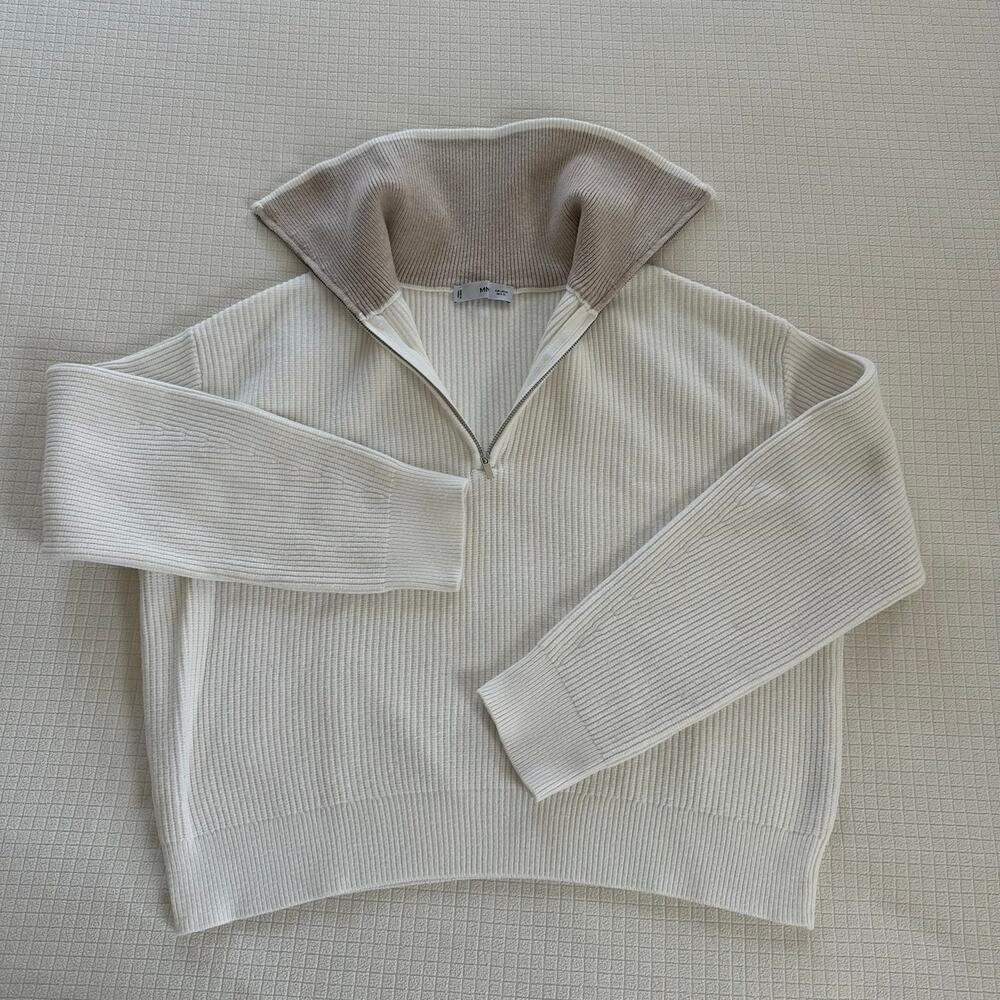 Mango Women's Quarter Zip Ribbed White Pullover Relaxed Sweater Size US M